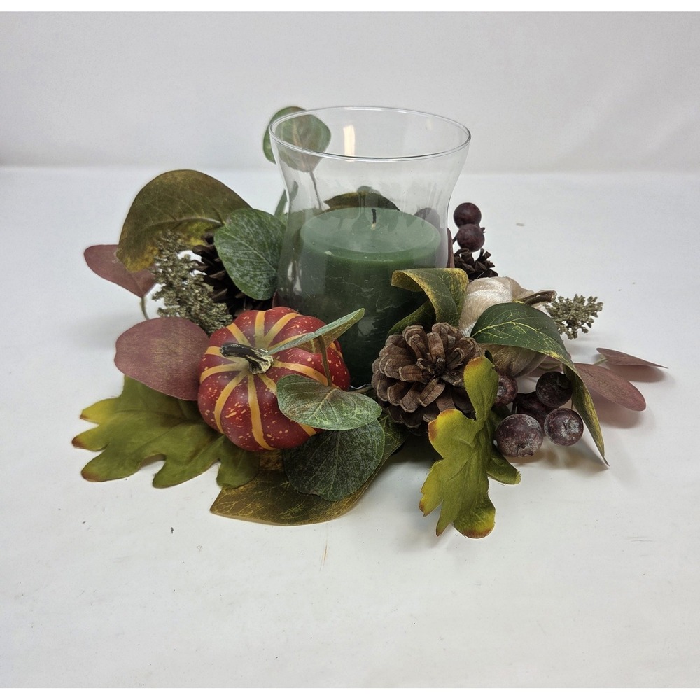 Fall Harvest Candle Ring Centerpiece Hurricane Glass Pumpkin Pinecone Decor